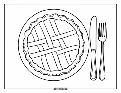 Food Coloring Page for Kids: Pie with a fork and knife beside it on a white background
