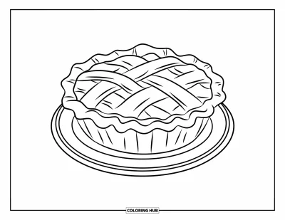 Food Coloring Page for Kids: Pie with crisscross crust on a plate and clean white background