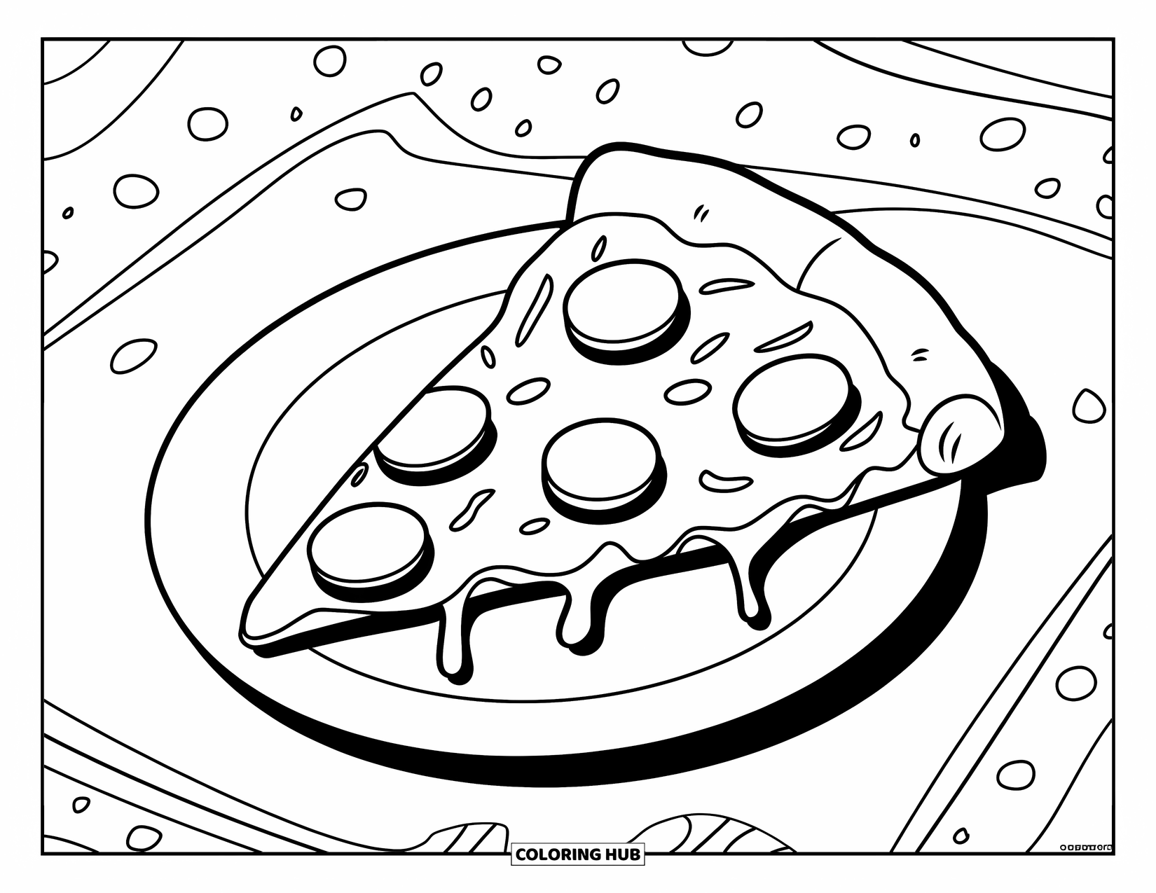 Kleurplaat Eten voor Kinderen: Pizzapunt met kaas en pepperoni, besprenkeld met speelse stippen