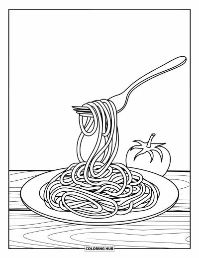 Food Coloring Page for Kids: Plate of spaghetti with fork twirling noodles and a tomato nearby