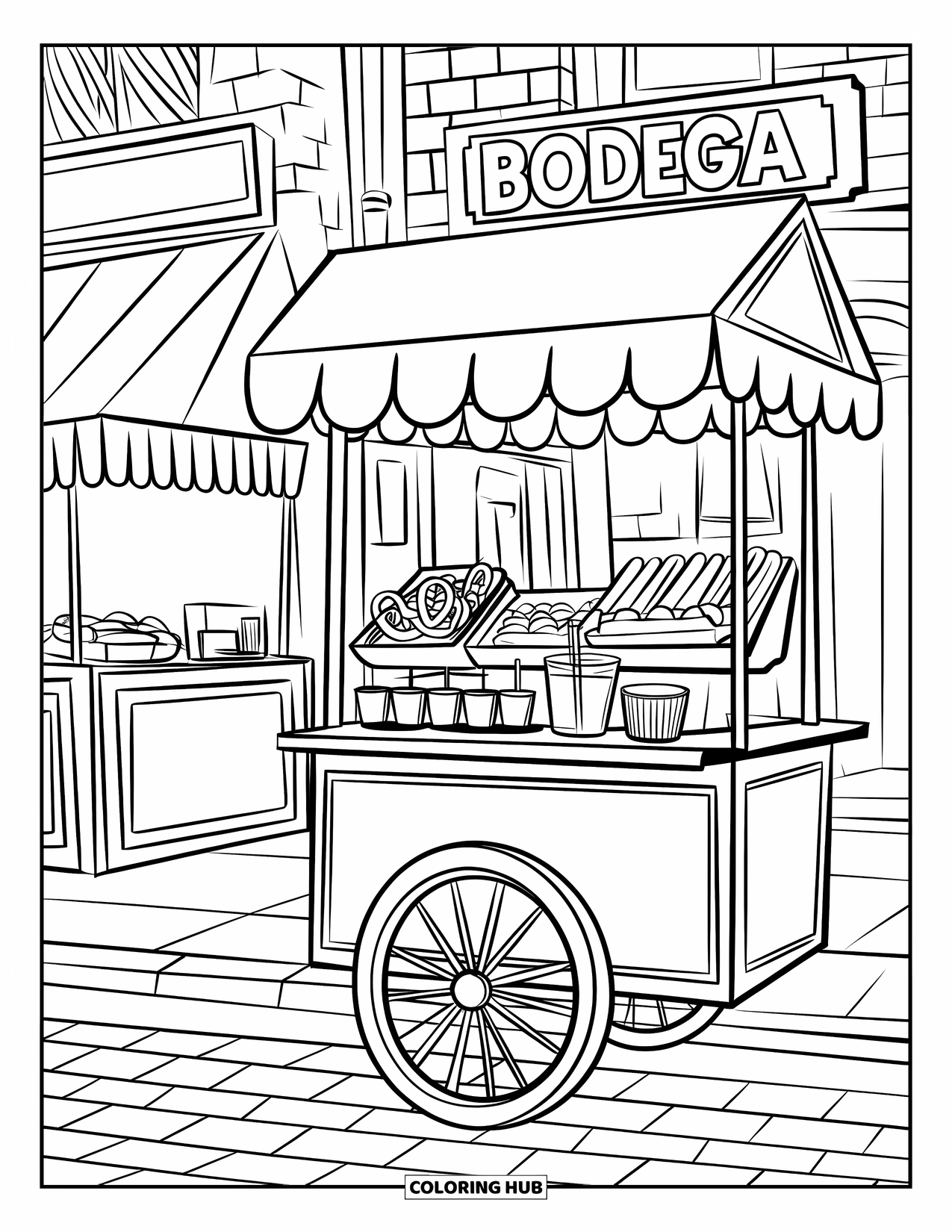 Kleurplaat Eten voor Kinderen: Kiosk met pretzels en churros op een straat met kinderkopjes in de buurt van een bodega
