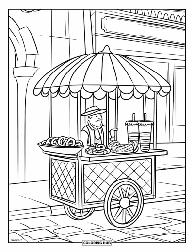Food Coloring Page for Kids: Pretzel cart with snacks and a vendor in front of a shop sign