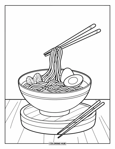 Food Coloring Page for Kids: Ramen bowl with noodles, egg, and chopsticks mid-air on wood base