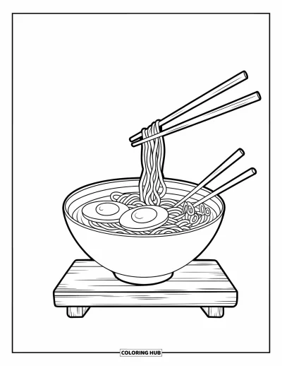 Food Coloring Page for Kids: Ramen with egg and chopsticks floating above the bowl