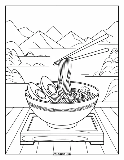 Food Coloring Page for Kids: Ramen with egg and chopsticks mid-air against a peaceful mountain backdrop
