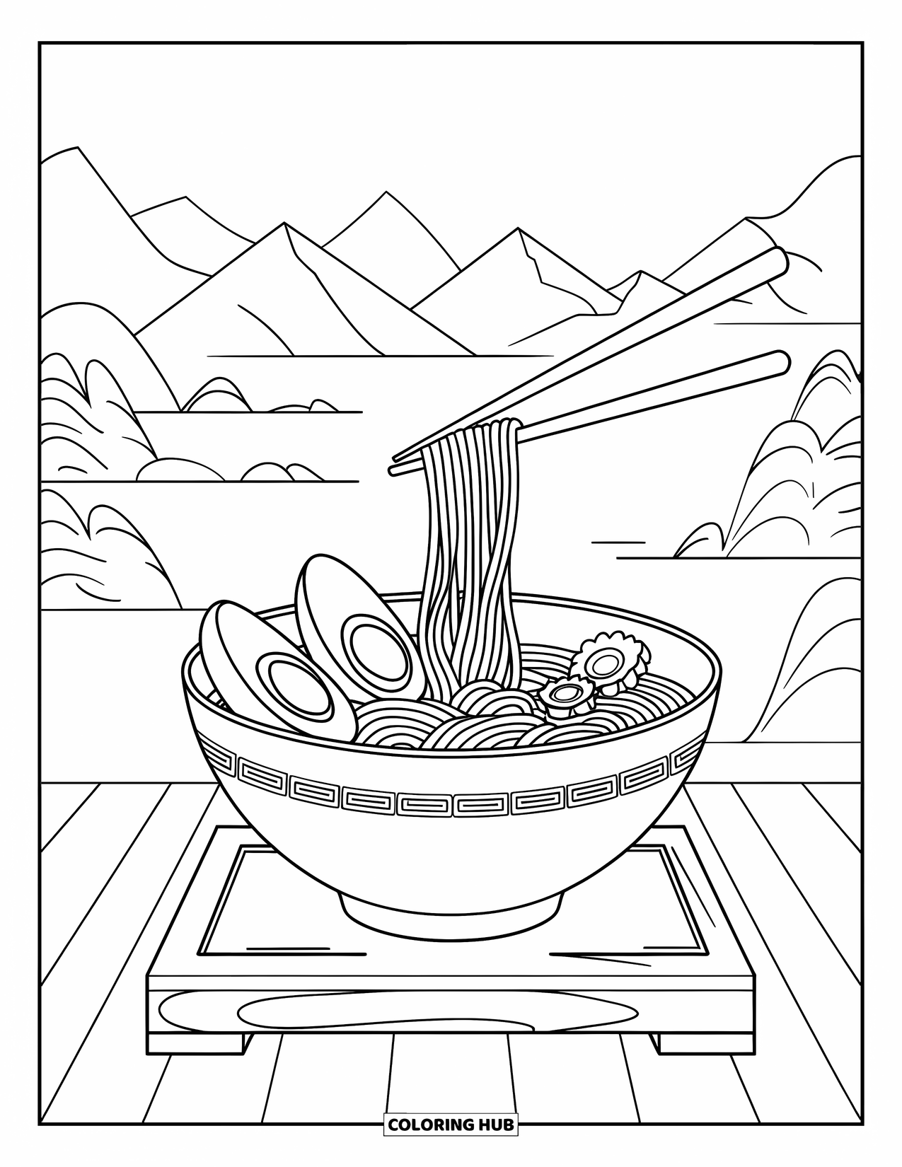 Kleurplaat Eten voor Kinderen: Ramen met ei en eetstokjes in de lucht tegen een vredige bergachtergrond