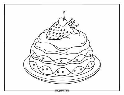 Food Coloring Page for Kids: Shortcake with sliced strawberry and cherry on a plate
