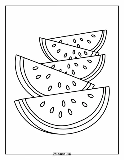 Food Coloring Page for Kids: Simple watermelon wedges lined up for coloring