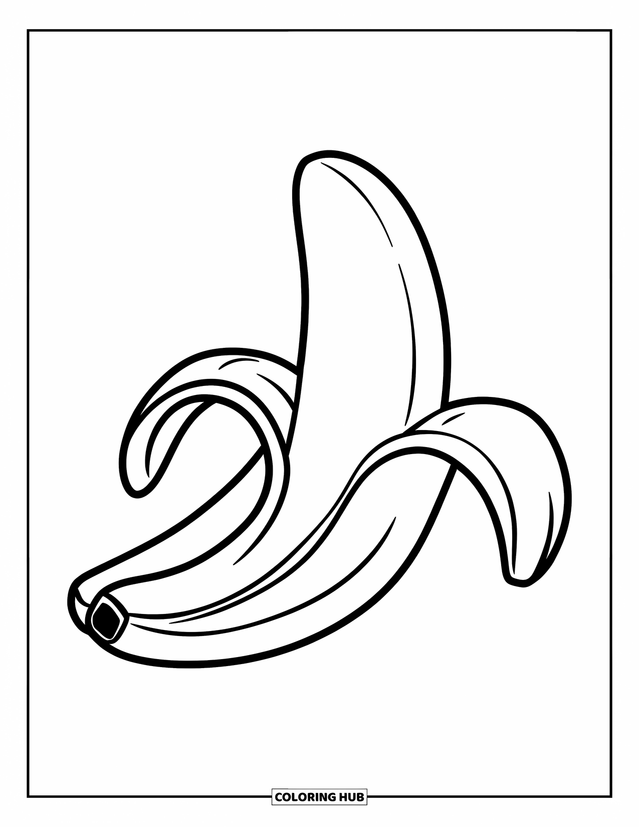 Kleurplaat Eten voor Kinderen: Glimlachende banaan half geschild met een vrolijk gezicht