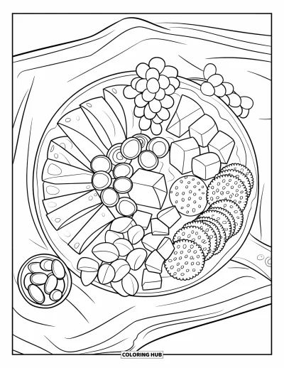 Food Coloring Page for Kids: Snack board with meats, cheese, grapes, olives, and crackers