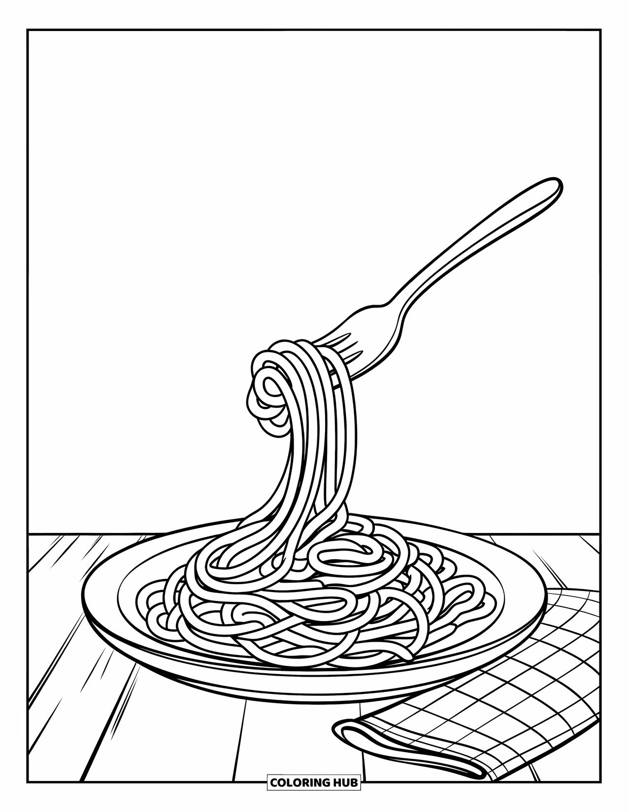 Kleurplaat Eten voor Kinderen: Bord spaghetti met vork die noedels draait en een geruite servet