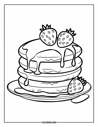 Food Coloring Page for Kids: Stack of pancakes with syrup and strawberries on top