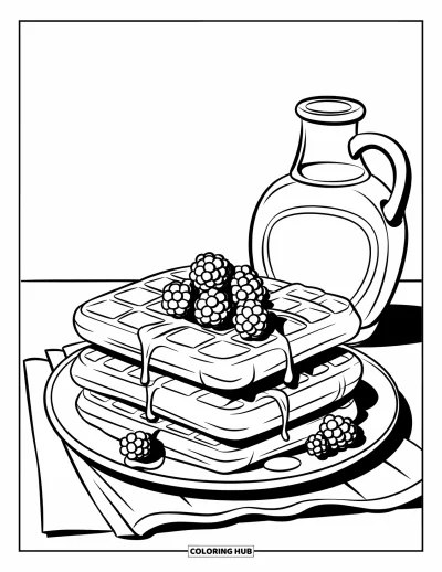 Food Coloring Page for Kids: Stack of waffles with syrup bottle beside and a clean background