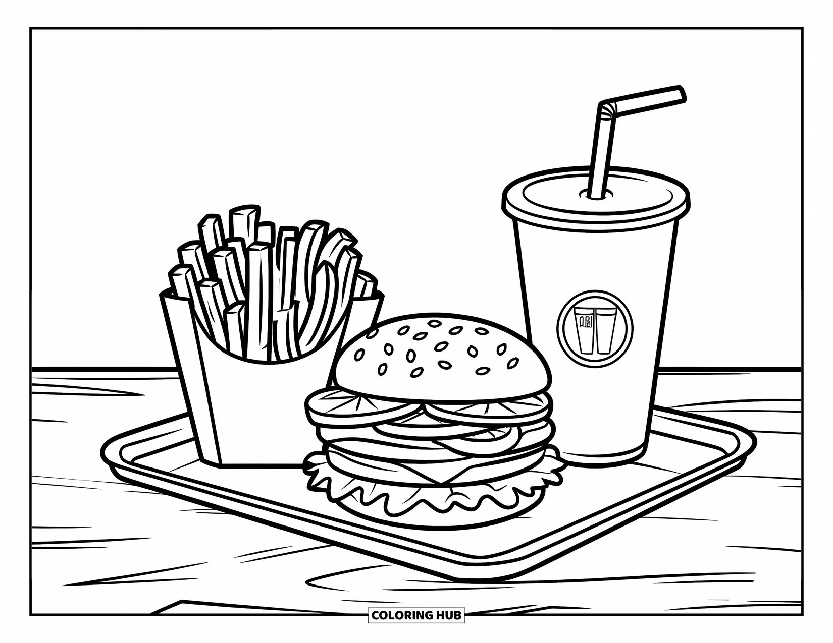 Kleurplaat Eten voor Kinderen: Gestapelde burger, knapperige frietjes en frisdrank op een houten dienblad