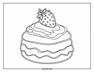 Food Coloring Page for Kids: Strawberry shortcake topped with frosting and a single strawberry