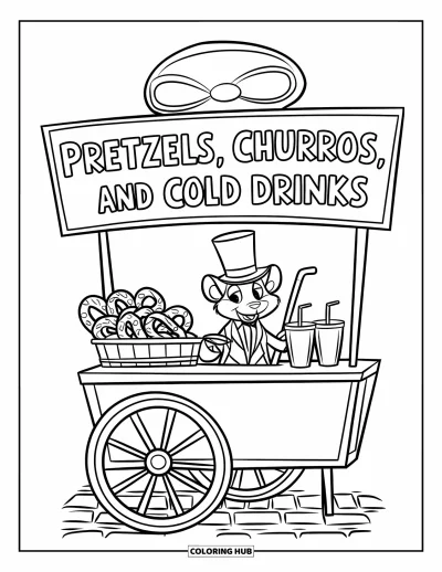 Food Coloring Page for Kids: Street cart with pretzels, churros, and a dapper rat vendor