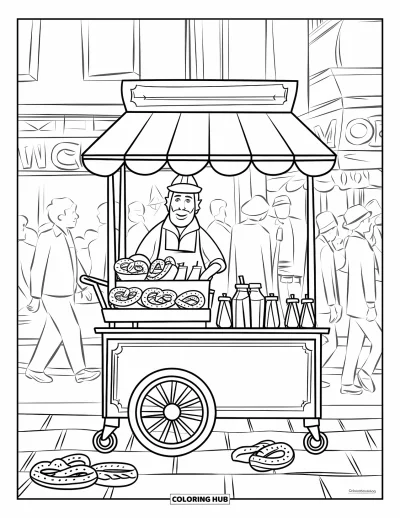 Food Coloring Page for Kids: Street vendor cart with treats on a lively city street