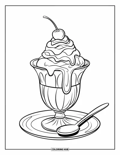 Food Coloring Page for Kids: Sundae topped with whipped cream, sprinkles, and cherry beside a spoon
