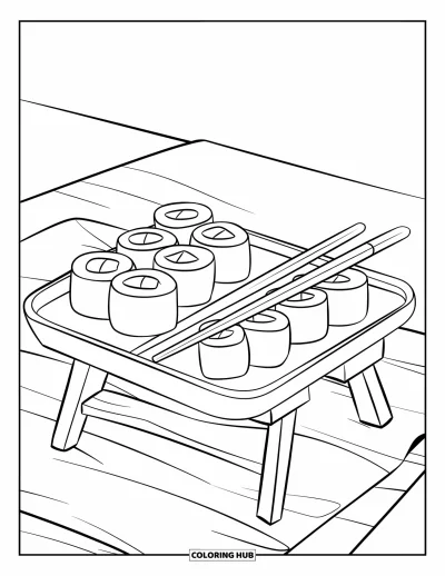 Food Coloring Page for Kids: Sushi rolls and chopsticks neatly placed on a tray
