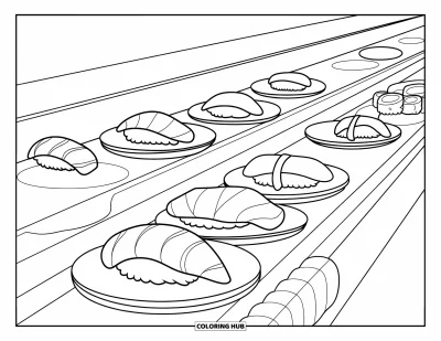 Food Coloring Page for Kids: Sushi rolls and nigiri on a moving belt in a clean, modern setup