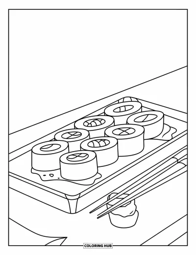 Food Coloring Page for Kids: Sushi tray with varied rolls and chopsticks on a white backdrop