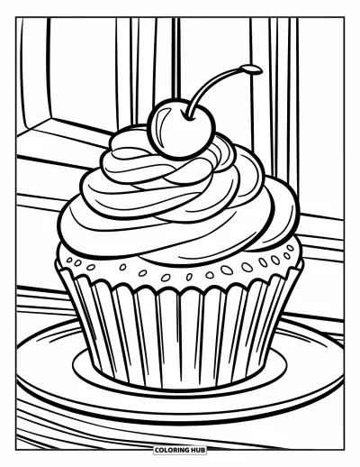 Food Coloring Page for Kids: Swirly-frosted cupcake topped with a cherry on a plate