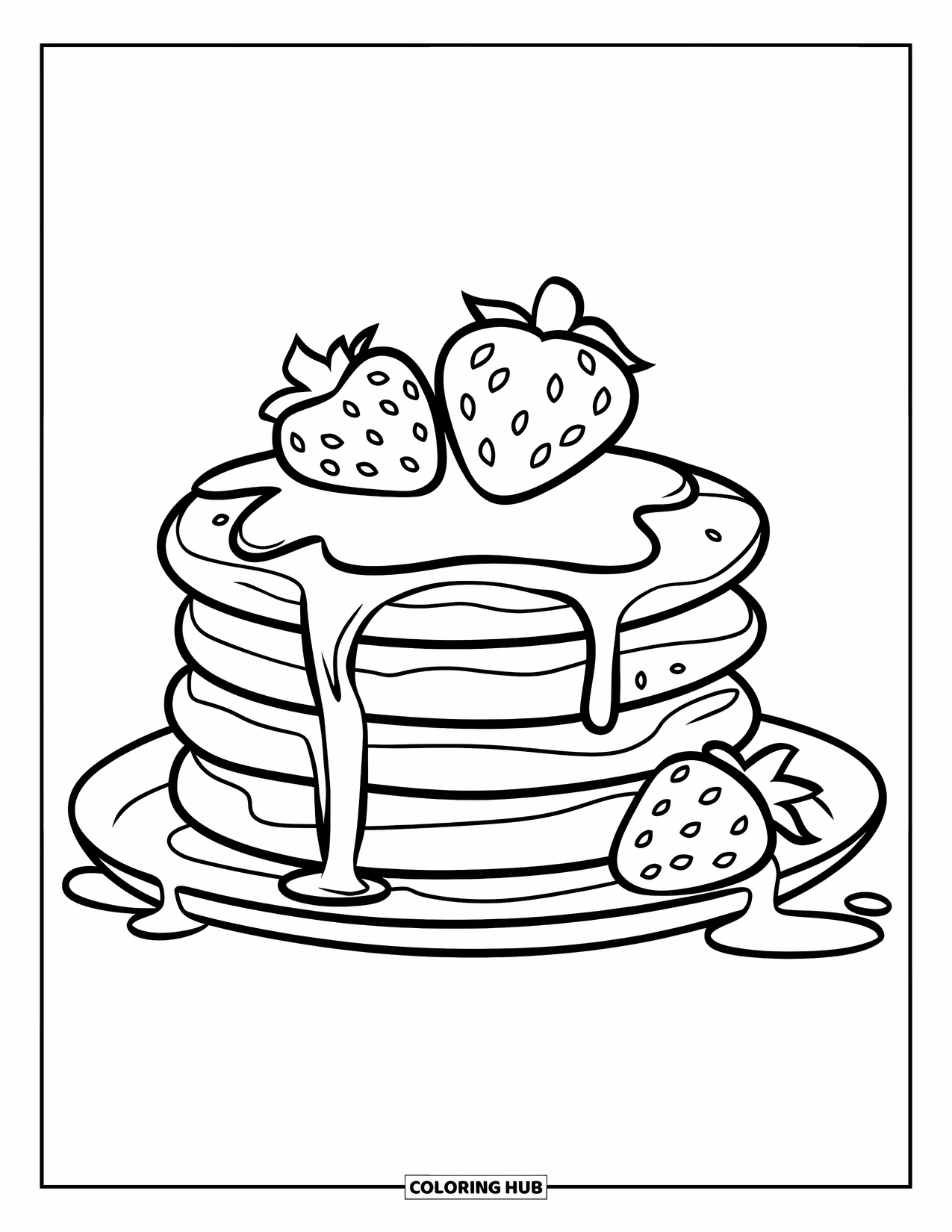 Kleurplaat Eten voor Kinderen: Stapel pannenkoeken met siroop, aardbeien en duidelijke omlijningen