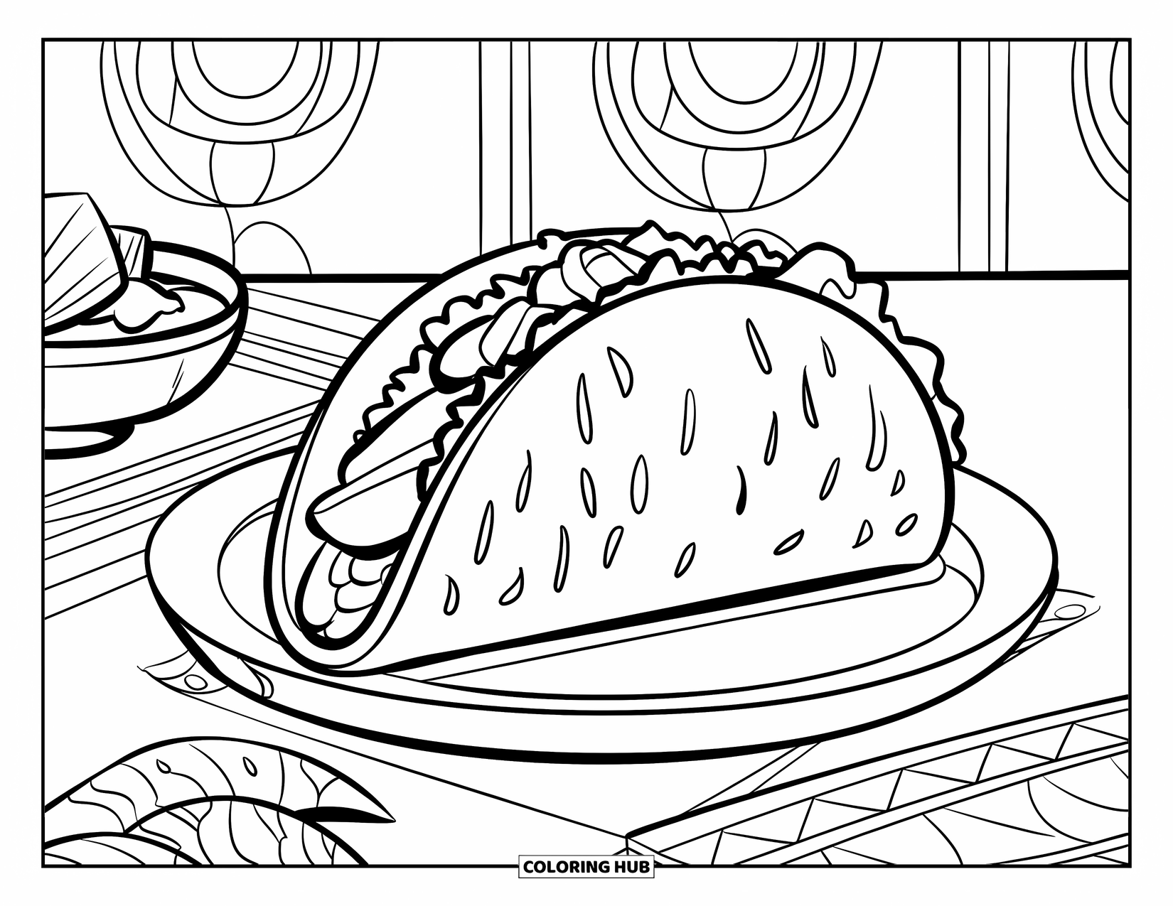 Kleurplaat Eten voor Kinderen: Taco maaltijd met chips, salsa en een muur met patroon erachter