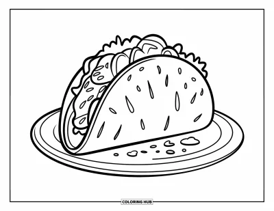 Food Coloring Page for Kids: Taco on a plate filled with meat, lettuce, and cheese