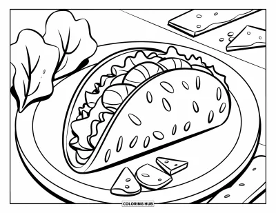 Food Coloring Page for Kids: Taco stuffed full and surrounded by cheese shreds and lettuce