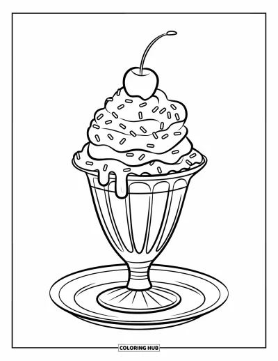 Food Coloring Page for Kids: Tall ice cream sundae with whipped cream, sprinkles, and a cherry on top