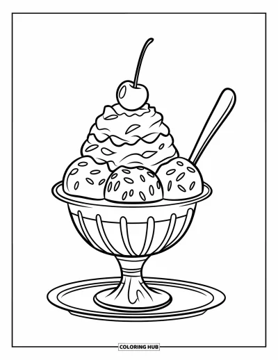 Food Coloring Page for Kids: Tall sundae with a cherry and sprinkles served on a plate