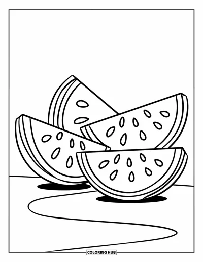 Food Coloring Page for Kids: Three cheerful watermelon slices with big seeds