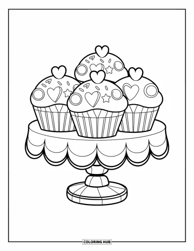 Food Coloring Page for Kids: Three cupcakes with cute shapes on a draped wooden stand