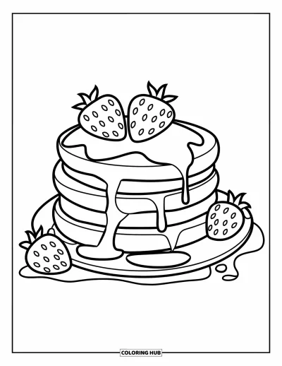 Food Coloring Page for Kids: Three fluffy pancakes with dripping syrup and berries