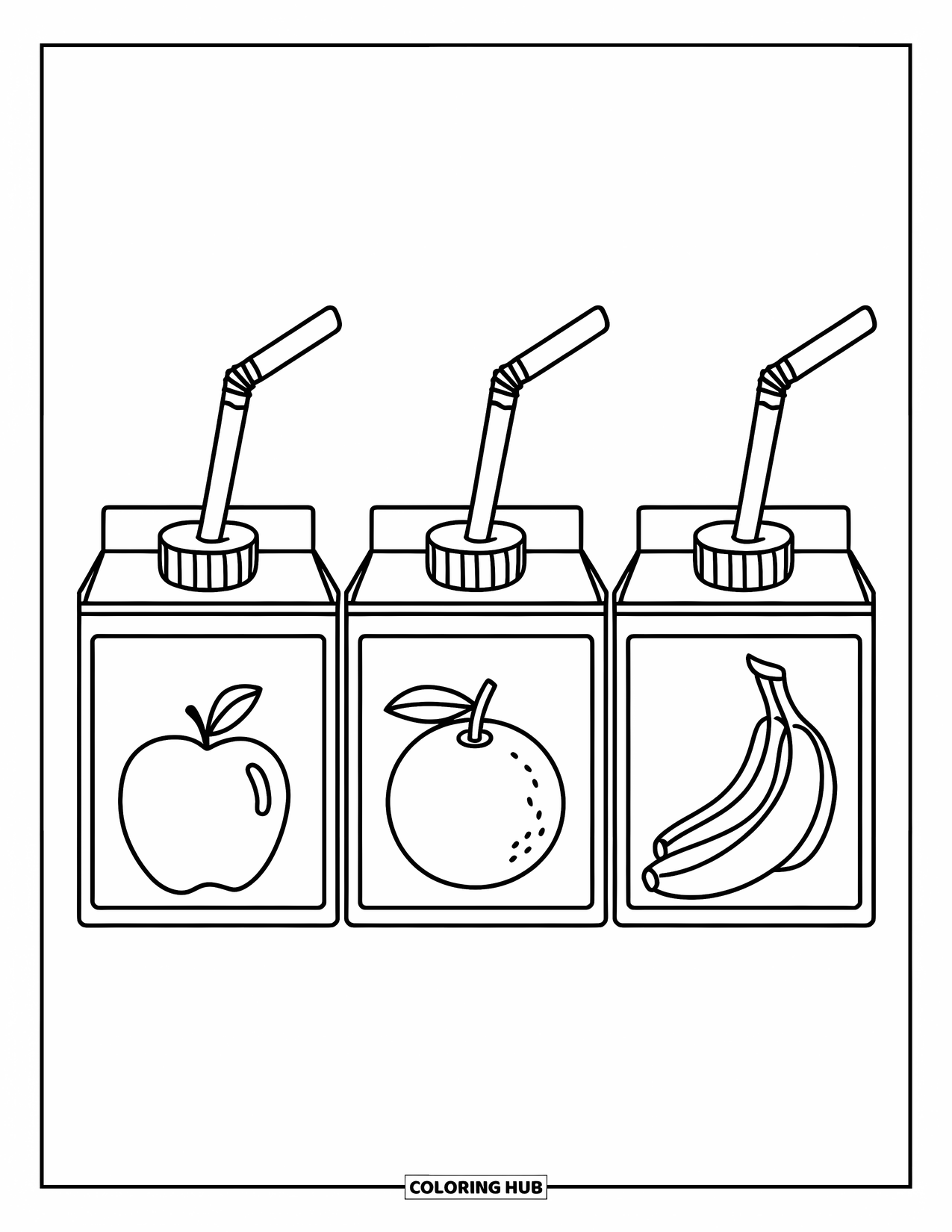 Kleurplaat Eten voor Kinderen: Drie sap pakjes met fruitlabels, gebogen rietjes en een eenvoudige stijl