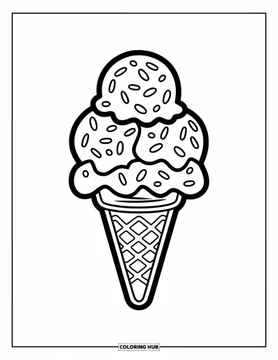 Food Coloring Page for Kids: Three-scoop cone with sprinkles and wavy textures