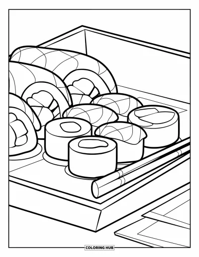 Food Coloring Page for Kids: Tray of sushi rolls with chopsticks and clean outlines