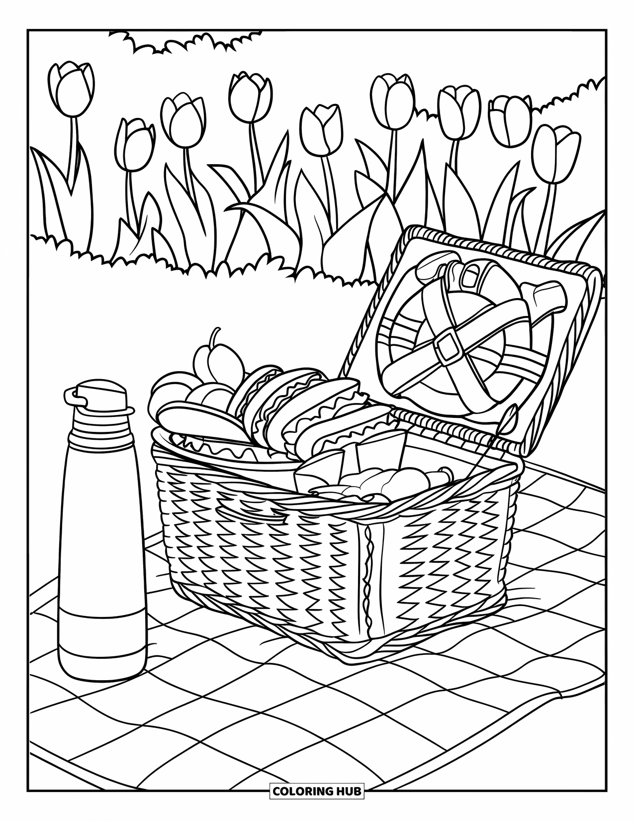 Kleurplaat Eten voor Kinderen: Tulpenveld picknick met een mand vol sandwiches, fruit en een thermoskan