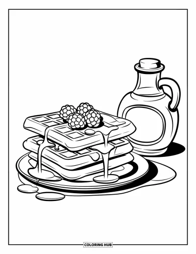Food Coloring Page for Kids: Waffles topped with berries and syrup beside a bottle