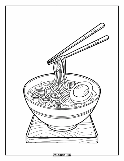 Food Coloring Page for Kids: Warm ramen bowl with noodles, whole egg, and airborne chopsticks