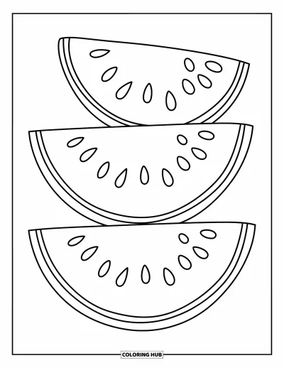 Food Coloring Page for Kids: Watermelon slices with rind, pith, and little seeds
