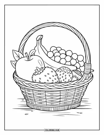 Food Coloring Page for Kids: Wicker fruit basket neatly arranged on a wooden base