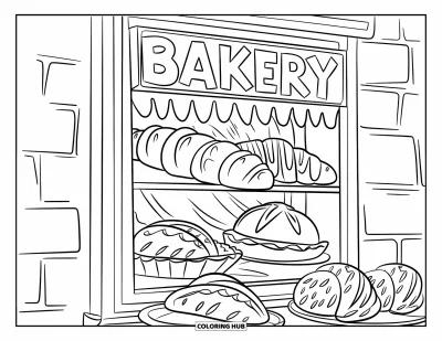 Food Coloring Page for Kids: Window display with pastries and a sign that says "Bakery"