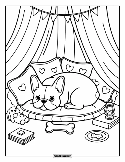 Coloriage de Bouledogue Français pour adultes : Un bouledogue français confortable se repose dans un fort avec une assiette à biscuits et une lueur de lanterne