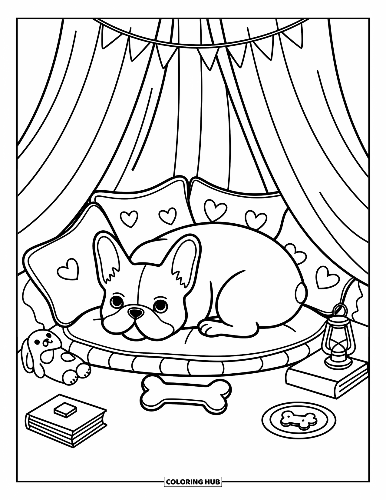 Dibujo de Bulldog Francés para adultos: Un Bulldog Francés acogedor descansa en un fuerte con un plato de galletas y el brillo de una linterna