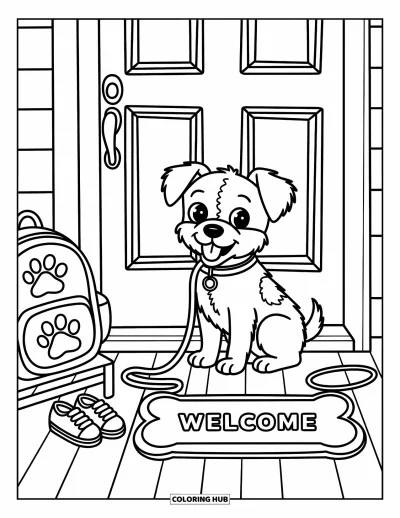 Coloriage de Bouledogue Français pour adultes : Un Frenchie impatient attend avec une laisse, des chaussures pour chien et un tapis à empreintes de pattes