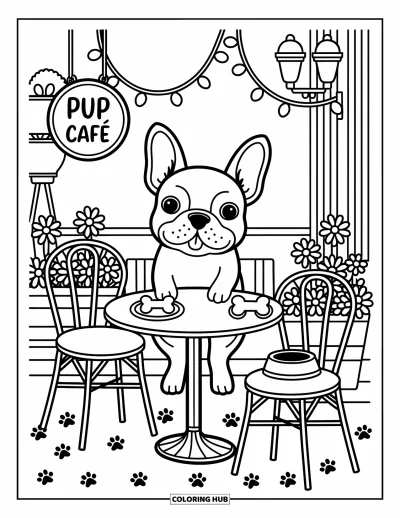 Coloriage de Bouledogue Français pour adultes : Un bouledogue français dîne dans un café pour chiots avec des carreaux à empreintes de pattes et des lumières de café