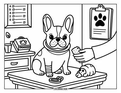 Coloriage de Bouledogue Français pour adultes : Un bouledogue français avec un cône et un bandage attend patiemment une friandise chez le vétérinaire