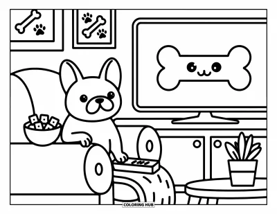 Coloriage de Bouledogue Français pour adultes : Un bouledogue français se prélasse sur un canapé avec une couverture et une télécommande